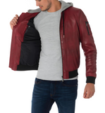 Mens Red hooded stylish bomber leather jacket