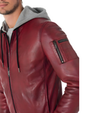 Mens Red hooded stylish bomber leather jacket