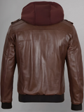 Mens Removable Hood Bomber Red Leather Jacket