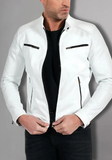 Mens White Biker Vintage Cafe Racer Genuine Leather Jacket
