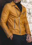 Mens Yellow Real Vintage Distressed Biker Cafe Racer Leather Jacket
