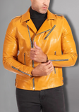 Mens Yellow Real Vintage Distressed Biker Cafe Racer Leather Jacket
