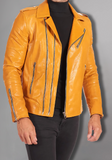 Mens Yellow Real Vintage Distressed Biker Cafe Racer Leather Jacket
