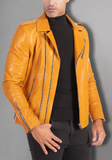 Mens Yellow Real Vintage Distressed Biker Cafe Racer Leather Jacket
