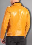 Mens Yellow Real Vintage Distressed Biker Cafe Racer Leather Jacket
