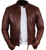 Mens brown slim fit biker vintage cafe racer leather jacket