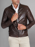 Military blue nappa lamb leather bomber jacket