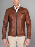 Military blue nappa lamb leather bomber jacket