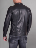 Military blue nappa lamb leather bomber jacket