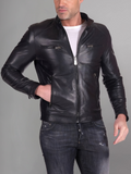 Military blue nappa lamb leather bomber jacket