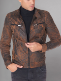 Military blue nappa lamb leather bomber jacket