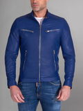 Military blue nappa lamb leather bomber jacket