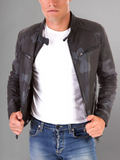 Military blue nappa lamb leather bomber jacket