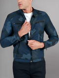 Military blue nappa lamb leather bomber jacket