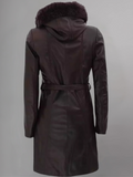 Prato Shearling Hood Leather Dark Brown Coat Womens