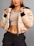 Cropped Puffer Jacket With Rib Collar Beige