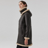 Womens Dark Brown Sheepskin Shearling Coat Mid Length with Hood