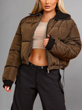 Cropped Puffer Jacket With Rib Collar Beige