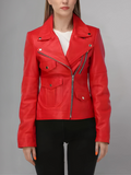 WOMEN’S RED LEATHER BIKER JACKET