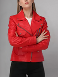 WOMEN’S RED LEATHER BIKER JACKET