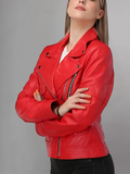 WOMEN’S RED LEATHER BIKER JACKET