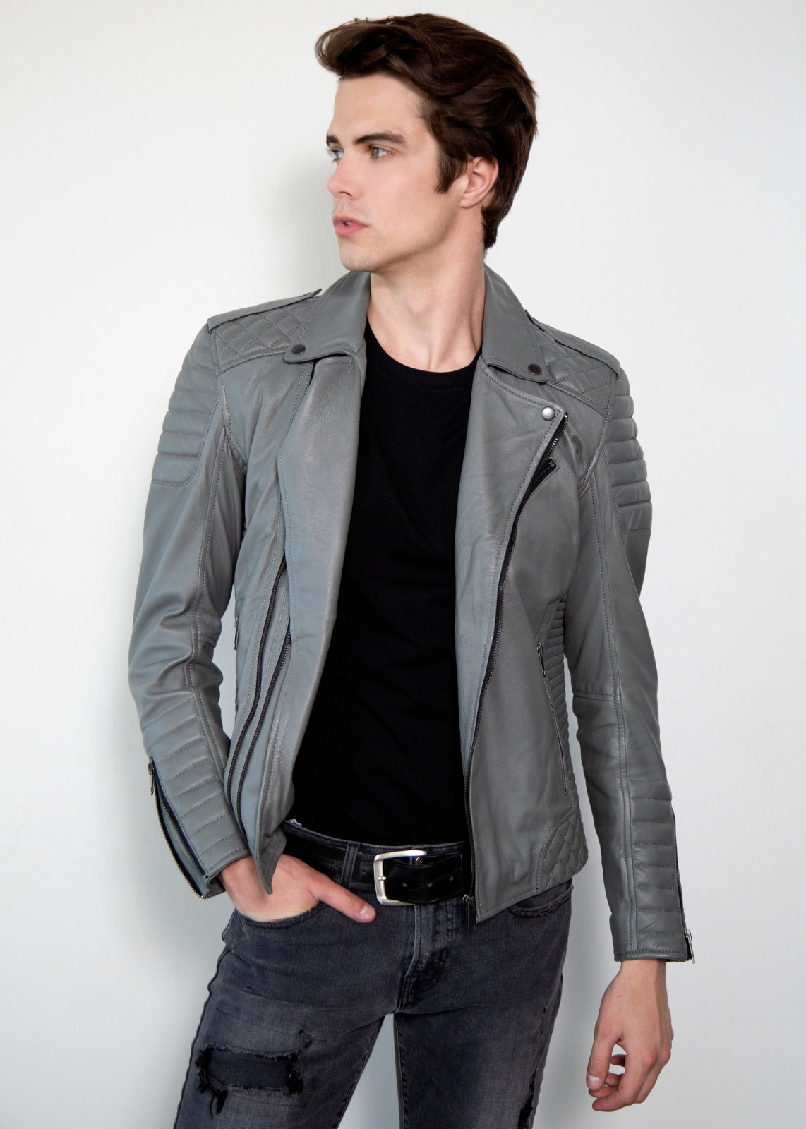 Mens Smooth Gray Motorcycle leather Jacket