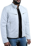 White Vintage Quilting Leather Jacket For Boys