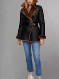 Winter Double Breasted 3 4 Length Leather Black Shearling Coat Womens