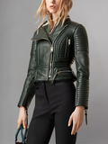 Women Lambskin Stylish Motorcycle Green Leather Jacket