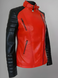 Women Red Genuine Leather Jacket With Black Diamond