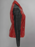 Women Red Genuine Leather Jacket With Black Diamond