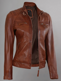 Women Tan Quilted Motorcycle Leather Jacket