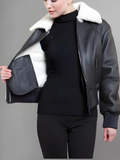 Women’s Black Leather White Shearling Bomber Jacket