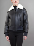 Women’s Black Leather White Shearling Bomber Jacket