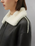 Women’s Black Leather White Shearling Collar Fur Jacket