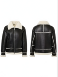 Women’s Black Leather White Shearling Collar Fur Jacket