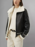 Women’s Black Leather White Shearling Collar Fur Jacket