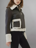 Women’s Black Leather White Shearling Fur Collar Jacket