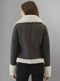 Women’s Black Leather White Shearling Fur Collar Jacket