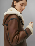 Women’s Chocolate Brown Leather Shearling Jacket With Removable Hood