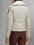 Women’s Cream Beige Leather White Shearling Big Collared Jacket