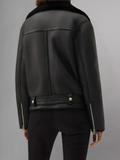 Women’s Matte Black Leather Black Shearling Coat Aviator Jacket