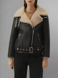 Women’s Matte Black Leather Brown Shearling Coat Aviator Jacket