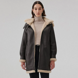 Womens Dark Brown Sheepskin Shearling Coat Mid Length with Hood