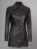 Womens Black Zipper Button Down Leather Car Coat