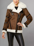 Womens Brown Bomber Asymmetrical Shearling Leather Jacket
