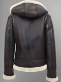 Womens Sheepskin Flying Brown Hooded Shearling B3 Pilot Aviator Coat