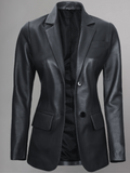 Womens Two Button Black Leather Blazer Jacket