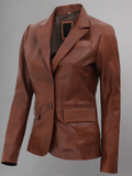 Womens Two Button Black Leather Blazer Jacket