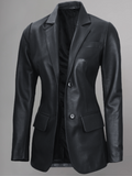 Womens Two Button Black Leather Blazer Jacket